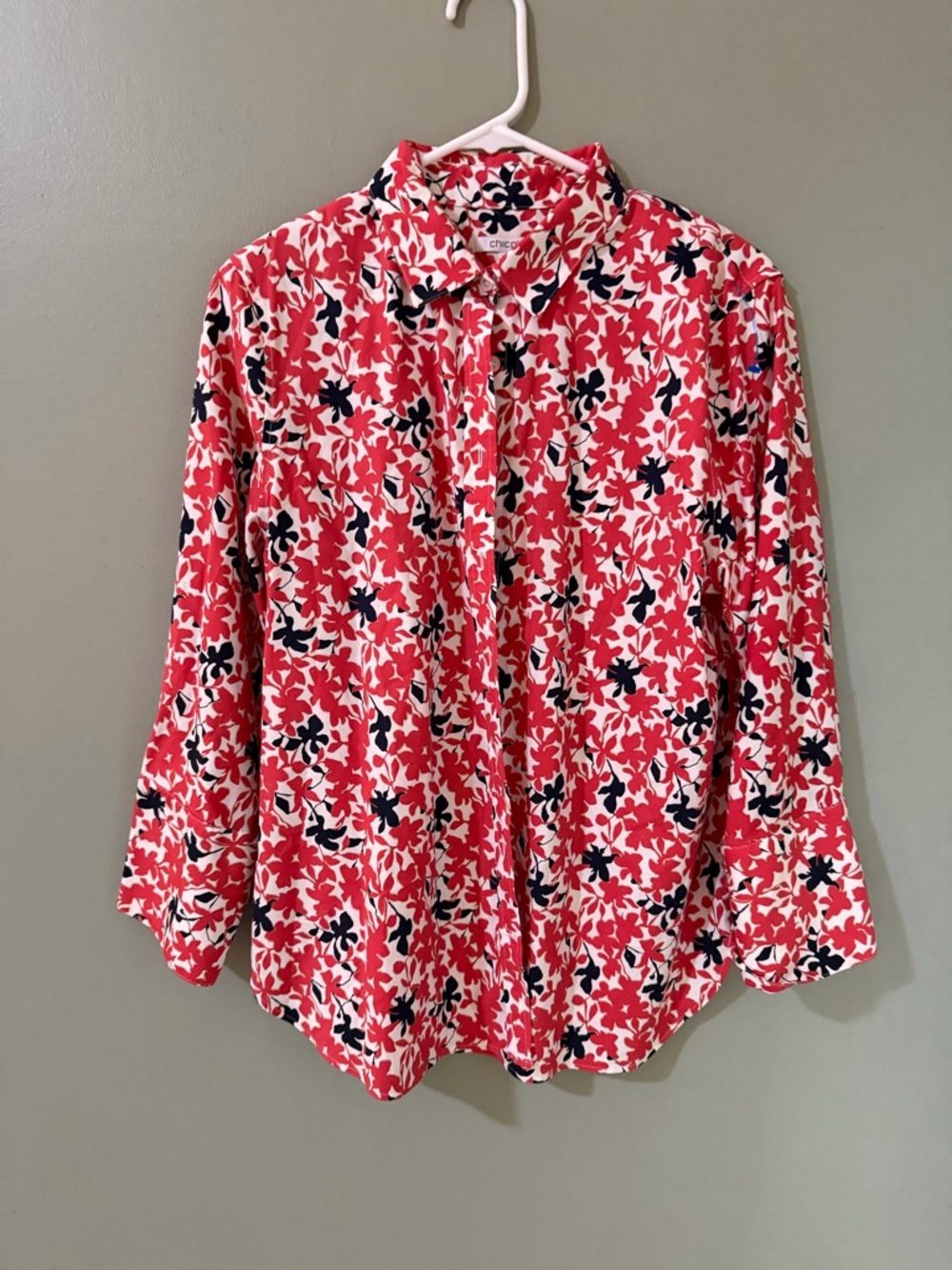 Chico's No Iron™ Warm Floral Shirt in Coral Zinnia featuring a long-sleeve